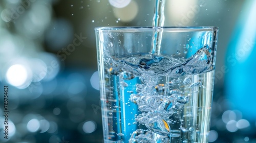 Transparent glass with water on blue blurred background. Isolated on blue.