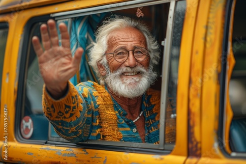 An elderly man with a cheerful smile waves from the window of a weathered yellow vehicle