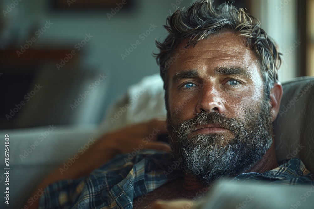 A pensive bearded man lounges casually, his gaze thoughtful and distant, possibly reflecting on life