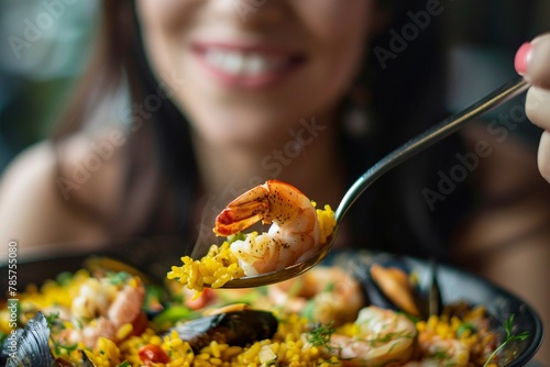 Macro shot of a woman relishing a spoonful of seafood paella with saffron rice