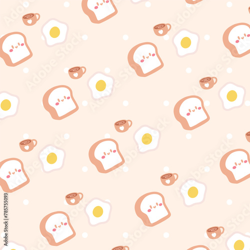 Cute seamless pattern with breakfast food - fried eggs, bread and coffee.Vector hand drawn illustration in doodle style. 