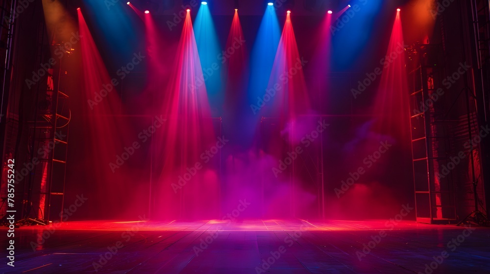 Modern dance stage light background with spotlight illuminated for modern dance production stage. Empty stage with dynamic color washes. Stage lighting art design. Entertainment show.