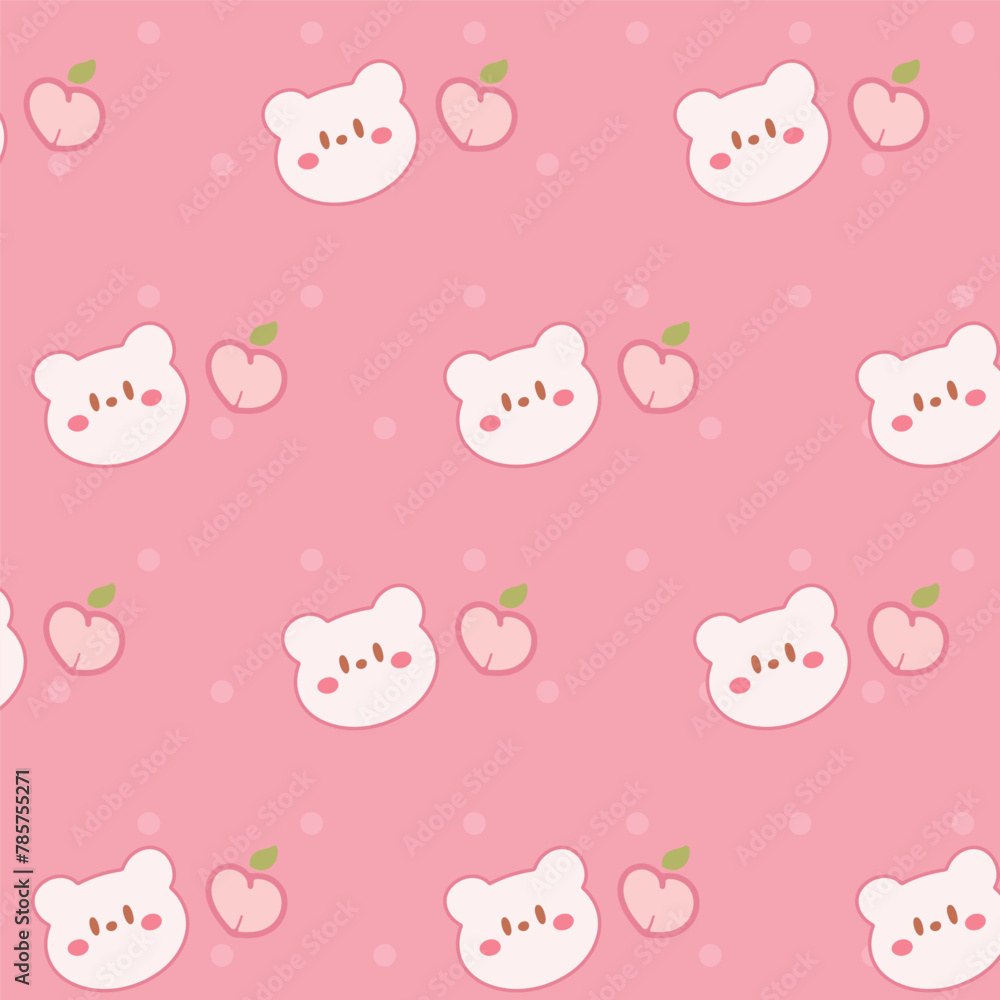 Cute bear and peach seamless pattern on pink background