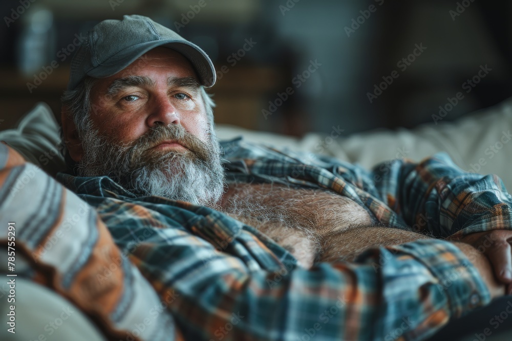 Senior man with a beard lies back on the couch, suggesting rest or contemplation