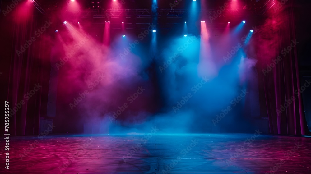 Modern dance stage light background with spotlight illuminated for modern dance production stage. Empty stage with dynamic color washes. Stage lighting art design. Entertainment show.