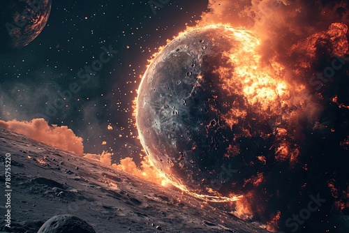 The moon satellite explodes in space, surreal landscape photo