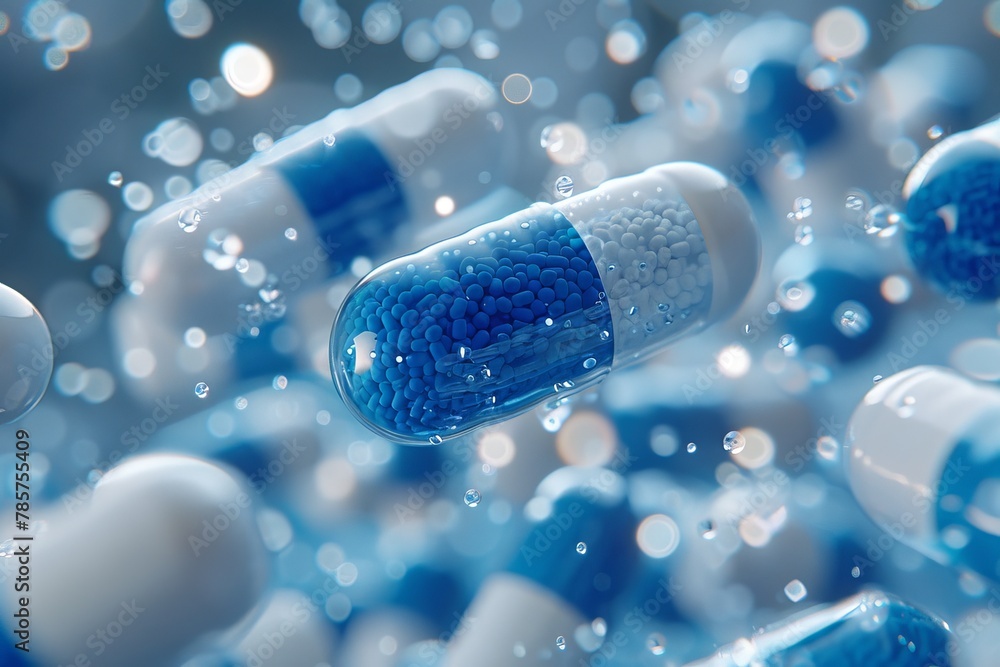 A detailed view of blue and white capsules suspended in midair with a high precision, scientific ambiance A detailed view of blue and white capsules suspended in midair with a high precision, scientific ambiance