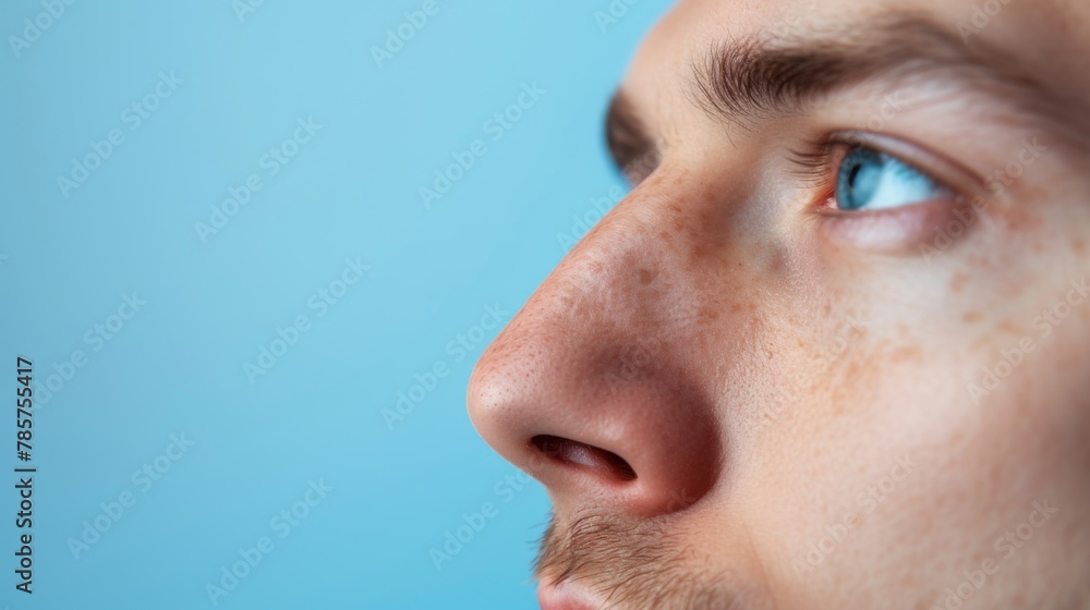 A captivating image of a young man with striking blue eyes and endearing freckles. His gaze is directed left, adding mystery to the portrait against a solid blue background. A captivating image of a young man with striking blue eyes and endearing freckles. His gaze is directed left, adding mystery to the portrait against a solid blue background.