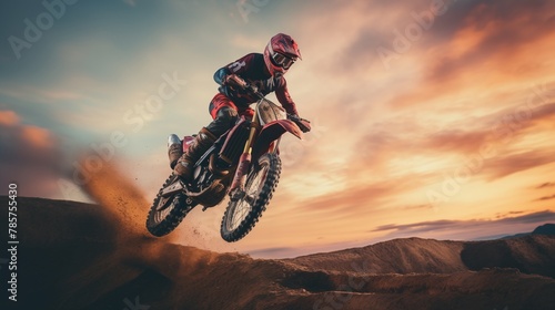 Dirt bike rider doing a big jump. Supercross, motocross, high speed. © hamad