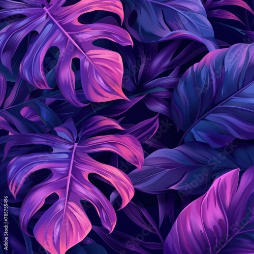 This detailed illustration showcases a rich array of purple and blue tropical leaves, forming a dense, lush pattern