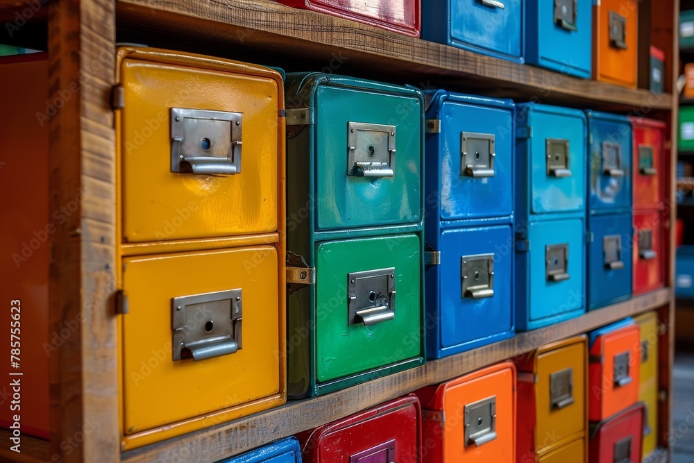 An array of brightly colored metal cabinets neatly organized on shelves, each with a distinct hue and metallic latch An array of brightly colored metal cabinets neatly organized on shelves, each with a distinct hue and metallic latch