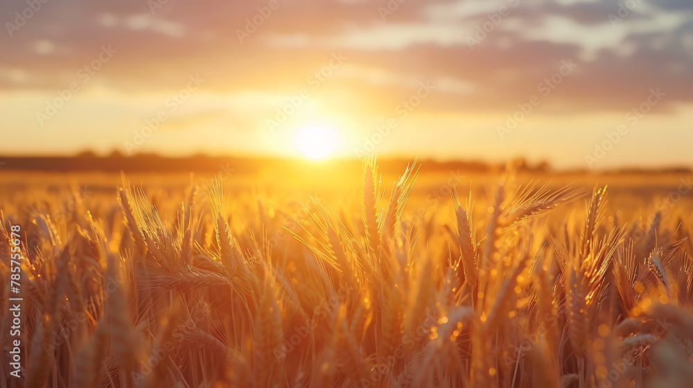 a vast wheat field at sunset. The golden rays of the sun illuminate the ripe wheat spikes, creating a serene and warm atmosphere.