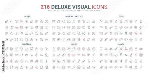 Modern lifestyle line icons set. Craft hobby and travel, fitness sports in gym, order and delivery from online store, healthy food menu thin black and red outline symbols vector illustration