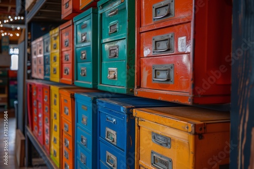 Neatly organized colorful metal lockers with visible signs of wear  creating a pleasing symmetrical pattern