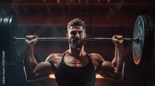 exercise and man with barbell in gym for fitness, strong muscle power or health. Bodybuilder, training and face of male athlete weightlifting for wellness.