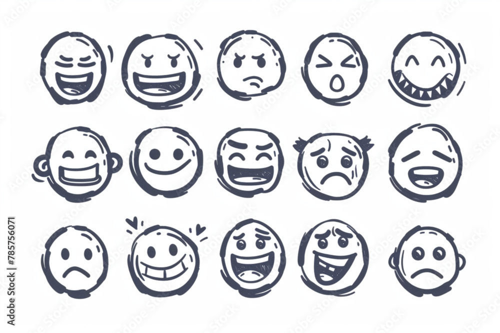 Doodle Emoji face icon set. Hand drawn sketch style. Emoji with different emotion mood, happy, sad, smile face. Comic line art vector illustration. vector icon, white background, black colour icon