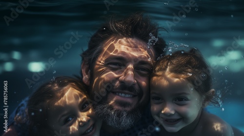 Father and daughters swimming underwater in the pool.