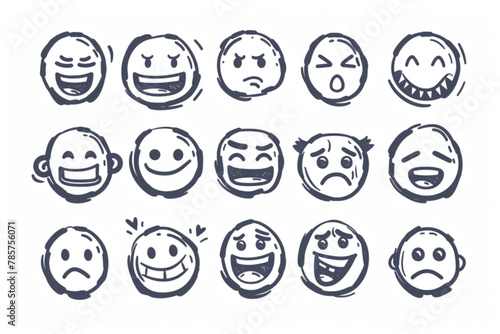 Doodle Emoji face icon set. Hand drawn sketch style. Emoji with different emotion mood  happy  sad  smile face. Comic line art vector illustration. vector icon  white background  black colour icon