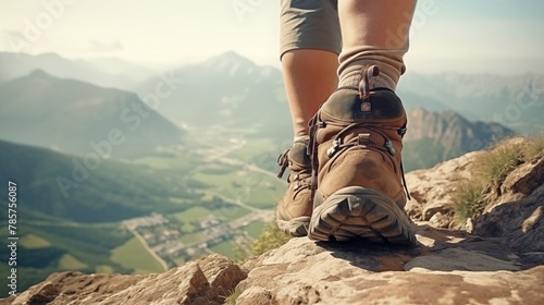 focus on shoes of cropping  people hiker in the mountains.