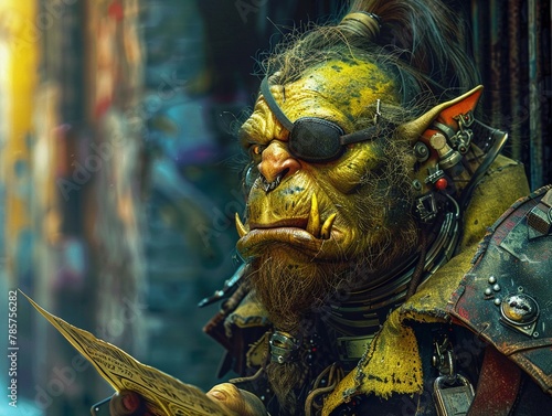 CloseUp Portrait Orc Bounty Hunter Orc with cybernetic eyepatch and jaw implant scans a holographic bounty poster from a wrist communicator in a dark alleyway , High detail, High resolution,