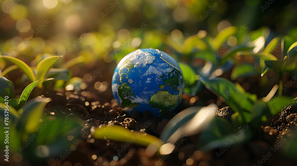 a small, meticulously crafted model of Earth placed amidst lush greenery. The miniature Earth, with its intricate blue oceans and detailed continents a small, meticulously crafted model of Earth placed amidst lush greenery. The miniature Earth, with its intricate blue oceans and detailed continents