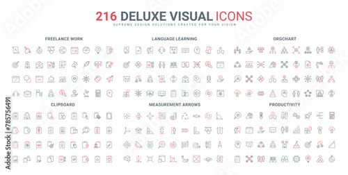 Business productivity line icons set. Corporate company department, organizational communication, dictionary and clipboard with digital files thin black and red outline symbols vector illustration