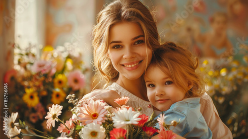 An enchanting mother and her little daughter cuddle close, surrounded by a vibrant bouquet of spring flowers, celebrating Mother's Day.
