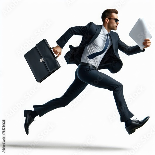Young businessman running away isolated on a white background