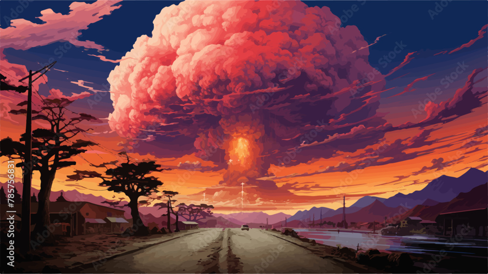 Illustration of a bomb explosion on a town, vector art - obrazy, fototapety, plakaty 