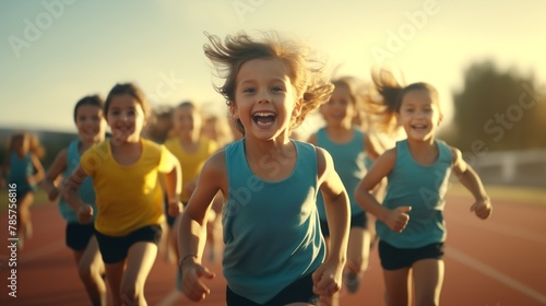 Group of children filled with joy and energy running on athletic track, children healthy active lifestyle concept.