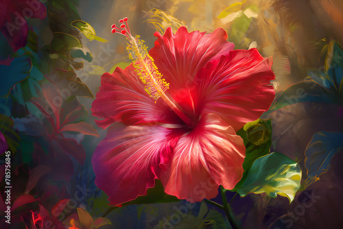 Vibrant digital painting of a tropical hibiscus flower, radiating exotic allure. Rich colors and intricate details capture the flower's fiery intensity.