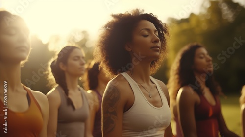 Group of multiethnic women stretching arms outdoor. Yoga class doing breathing exercise at park. Beautiful fit women doing breath exercise together with outstretched arms. photo