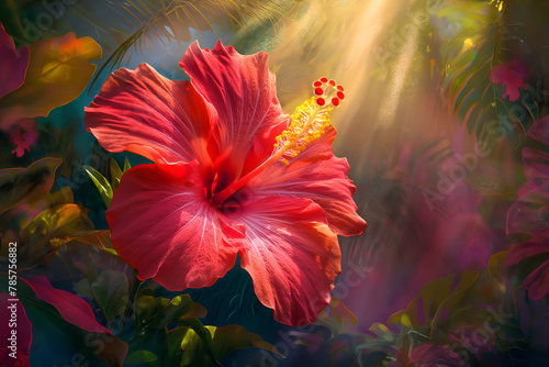 Vibrant digital painting of a tropical hibiscus flower, radiating exotic allure. Rich colors and intricate details capture the flower's fiery intensity.