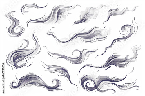 Doodle wind line sketch set. Hand drawn doodle wind motion, air blow, swirl elements. Sketch drawn air blow motion, smoke flow art, abstract line. Isolated vector illustration vector icon, white backg photo