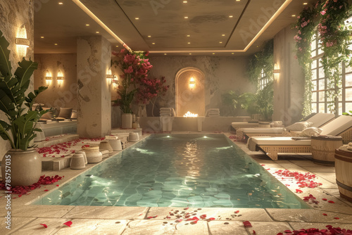 luxurious indoor pool surrounded by flowers and elegant decor photo