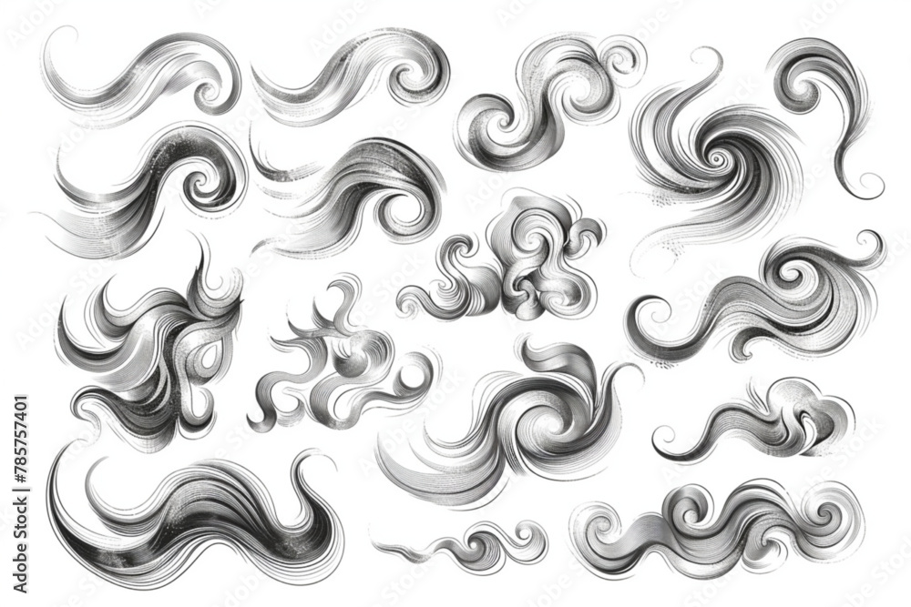 Doodle wind line sketch set. Hand drawn doodle wind motion, air blow, swirl elements. Sketch drawn air blow motion, smoke flow art, abstract line. Isolated vector illustration vector icon, white backg