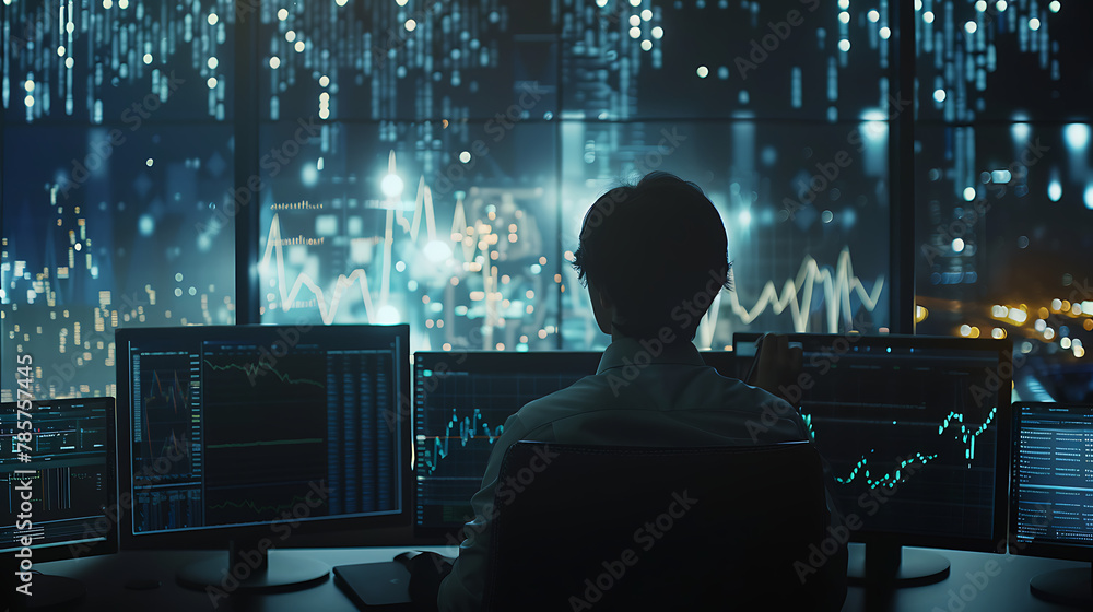 The scene unfolds against a dark backdrop, with multiple computer monitors illuminating the room. The scene unfolds against a dark backdrop, with multiple computer monitors illuminating the room.
