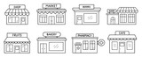 Shops and stores doodle icon set. Ecommerce market, retail shop, bakery, sweets, pharmacy in sketch style. Hand drawn vector illustration isolated on white background
