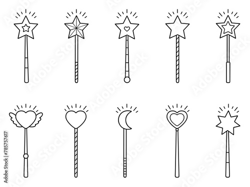 Magic wands doodle set. Fairytale element in sketch style. Hand drawn vector illustration isolated on white background