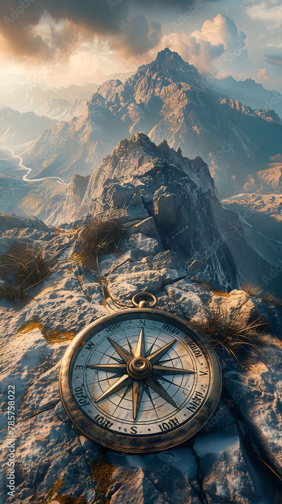 Design a visually captivating image of a compass rose superimposed on a rugged mountain landscape at a dramatic tilted angle - obrazy, fototapety, plakaty 