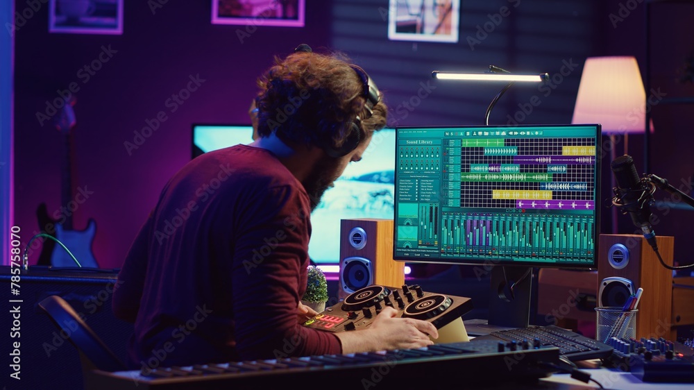 Sound engineer synchronizing video and audio tracks in his home studio, editing techniques on recordings. Young artist adjusting music volume after mixing and mastering tunes with amplifier. Camera A. Sound engineer synchronizing video and audio tracks in his home studio, editing techniques on recordings. Young artist adjusting music volume after mixing and mastering tunes with amplifier. Camera A.