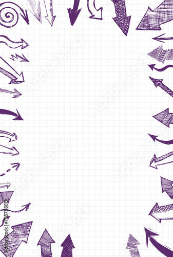 a sheet of paper with purple arrows on it . An artistic design featuring a pattern of purple arrows on a rectangular sheet of paper. Handmade, not AI Vector illustration