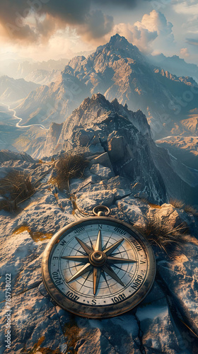 Design a visually captivating image of a compass rose superimposed on a rugged mountain landscape at a dramatic tilted angle