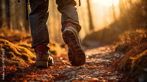 Hikers walking in fores in sunset light. Detail on hiker shoe rear view. copy space for text..