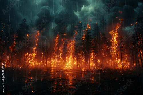 The clash between raging wildfire and torrential rain, symbolizing the collision of fire and water elements in nature. Concept of natural elements in conflict. Generative Ai.
