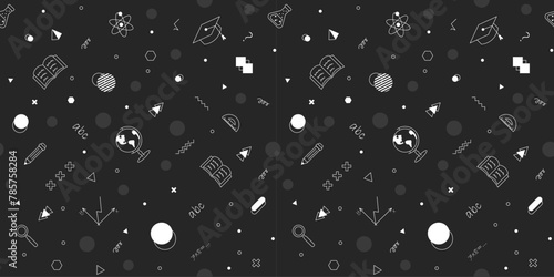 Black and white school seamless pattern. Symbols of Education with geometric elements. Vector illustration