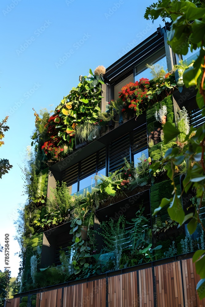Sustainable building exterior made of recycled materials, featuring living green walls and water conservation systems. Sustainable green building. Eco-friendly building. Green architecture. Sustainable building exterior made of recycled materials, featuring living green walls and water conservation systems. Sustainable green building. Eco-friendly building. Green architecture.