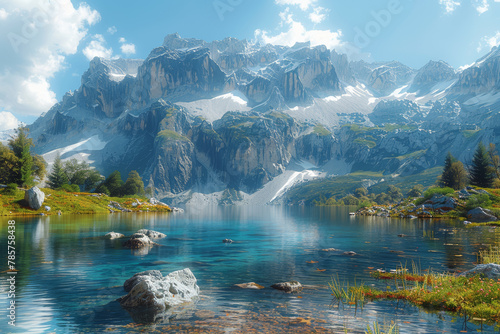The confrontation of a landslide and a serene mountain lake, portraying the collision of unstable terrain and tranquil waters. Concept of geological instability. Generative Ai. photo
