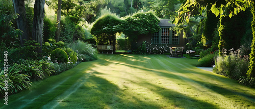Lush Green Lawn: The foreground showcases a vibrant green lawn with distinct mowing patterns, creating alternating light and dark green stripes. photo