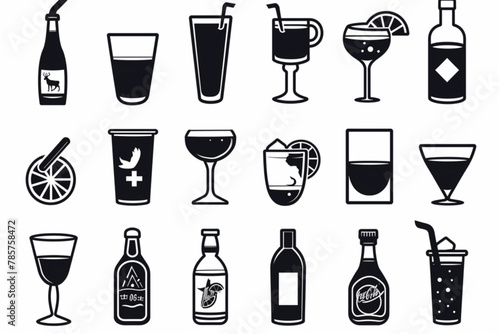 Drinks icon set. Containing water, coffee, tea, drinking, glass, soda, cocktail, bottle, wine, beverage and more. Solid vector icons collection. vector icon, white background, black colour icon photo